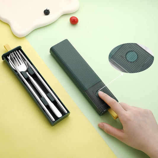 DEVICO Travel Utensils with Case, 18/8 Stainless Steel Reusable Silverware Set for Lunch Box, Portable Cutlery Set, Fork and Spoon Set for Camping, Lunch, Picnic, Workplace, School (Dark Green)