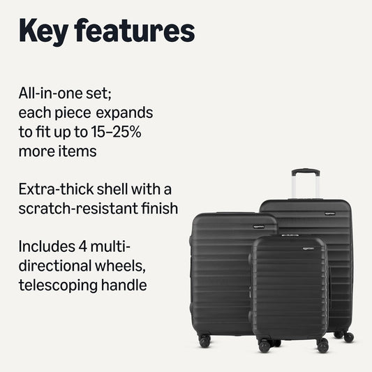 Amazon Basics 3-Piece Set (21", 26", 30"), Hardshell Suitcases With Wheels, Expandable For Up to 25% More Space, With Scratch-Resistant Surface, Four Multi-directional Wheels, Black
