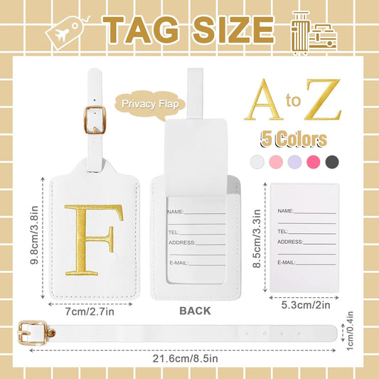 Personalized Initial Luggage Tags for Suitcase TSA Approved, White Leather Cute Luggage Tag with Privacy Cover Name Card, Embroidered Custom Luggage Tags Travel Baggage Tags Gifts for Women Kids(F)