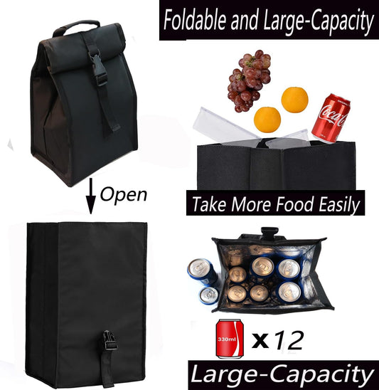 Insulated Foldable Lunch Bag With Ajustable Strap- Lightweight Portable Lunch Box for Men, Women, Office, Work, Picnic, Hiking and Beach (Black(Hard Fabric))