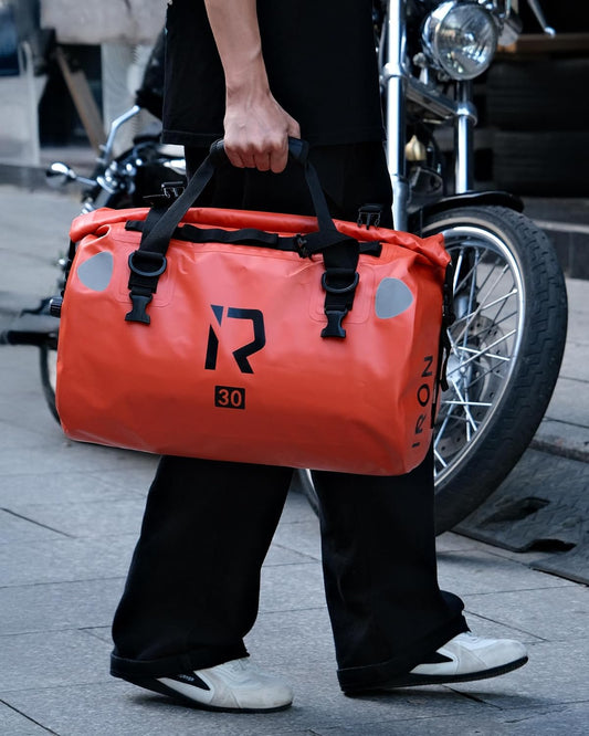 IRON JIA'S Motorcycle Dry Bag - Waterproof Duffle & Luggage Tail Bag Saddle Bags with Roll Top Closure, Shoulder Straps, Inner Pocket and Mesh Pocket (Orange, 30L)