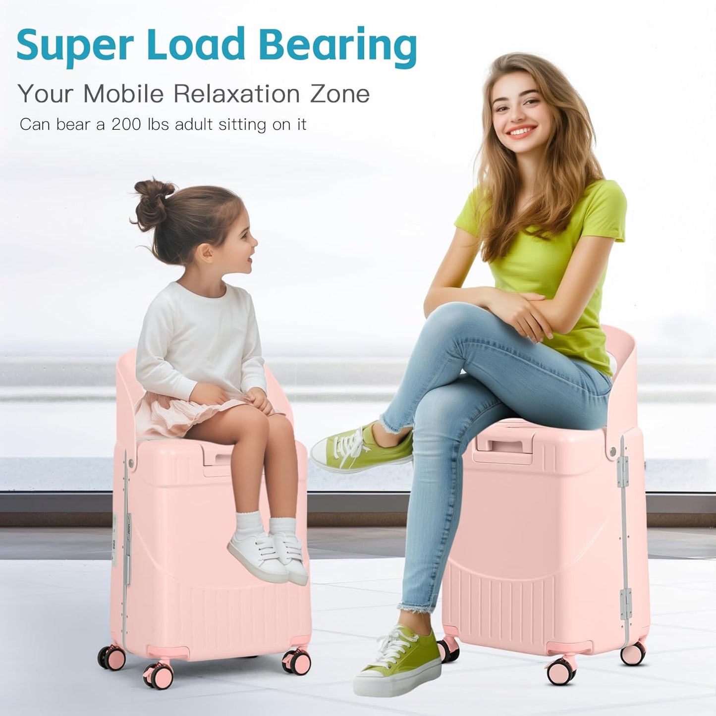 20" Carry-On Luggage with Seat for Kids & Adults, Lightweight Hardside Ride-On Suitcase with Front Opening, TSA Lock, 360° Spinner Wheels (Pink, 20-inch)