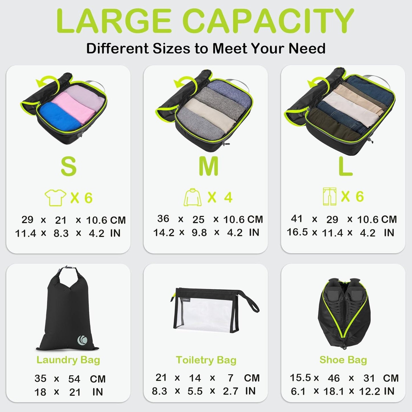 Cipway Compression Packing Cubes, Lightweight Travel Luggage Organizers with Shoe, Toiletry & Laundry Bags, Travel Essentials for Carry-on Suitcase (8 Piece, Black)