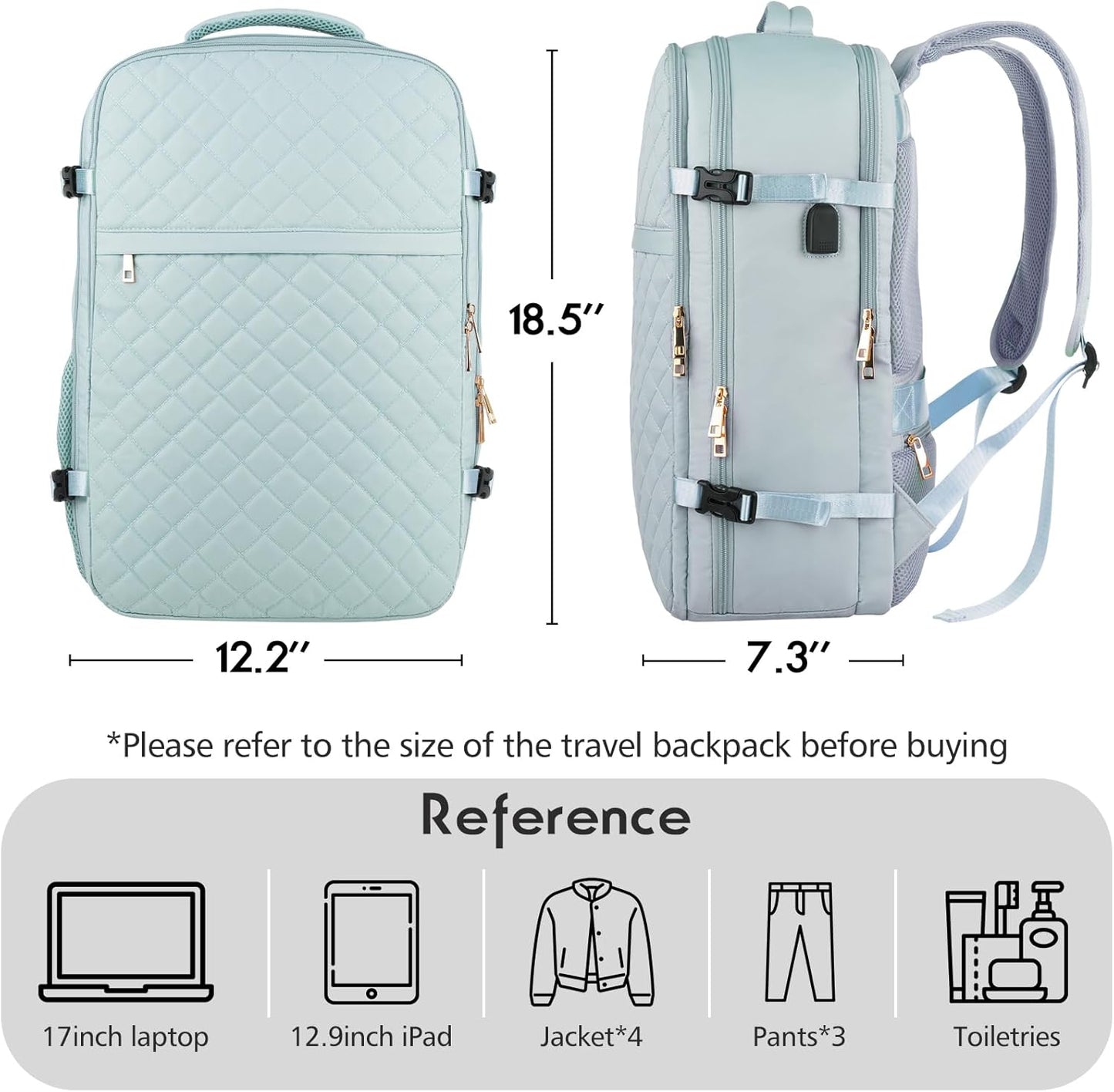 MOMUVO Large Travel Backpack Women, Flight Approved Carry On Backpack, Water Resistant Anti-Theft Large Casual Daypack Fit 17 Inch Laptop with USB Charging Port, Blue