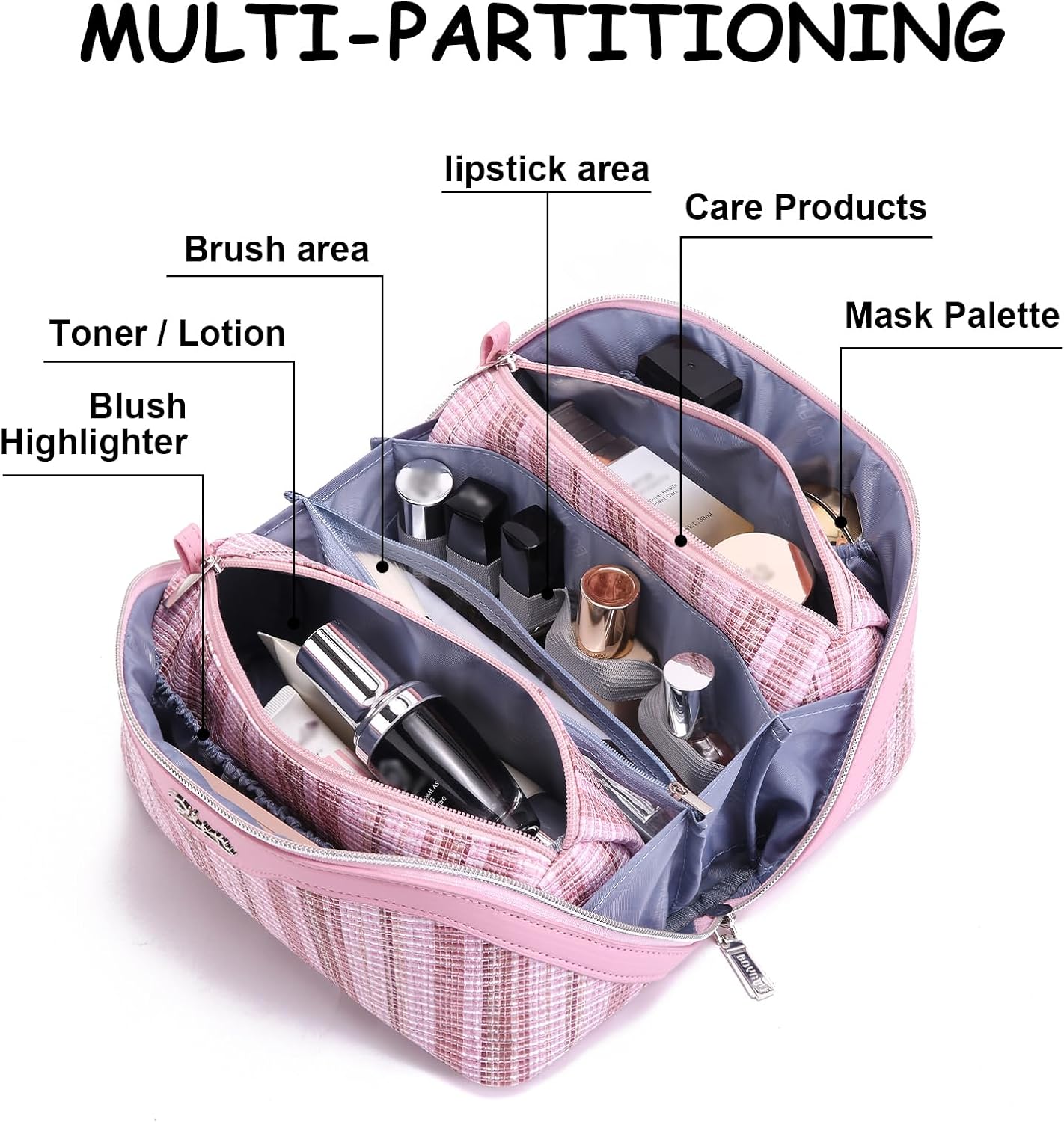 Travel Makeup Bag for Women: Large Capacity Open Flat Make up Bag Set of 3 - Vegan Leather Cosmetic Bag with Compartments - Waterproof Toiletry Bag with Handle & Divider(Pink)