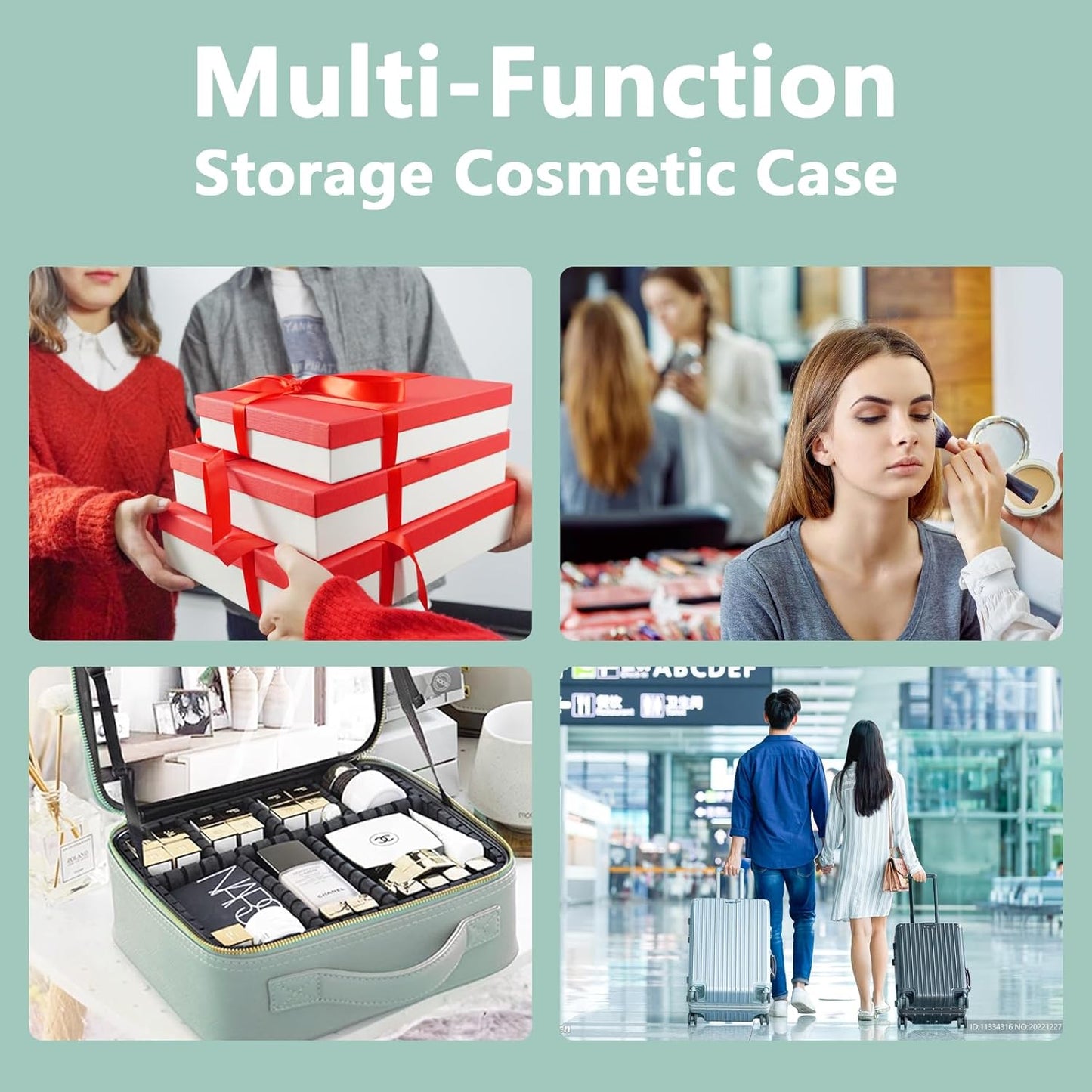 Travel Makeup Bag,with Mirror 3 Color Setting and Detachable 10x Magnifying Mirror Travel Makeup Bag,Portable Storage and Adjustable Dividers (light green)