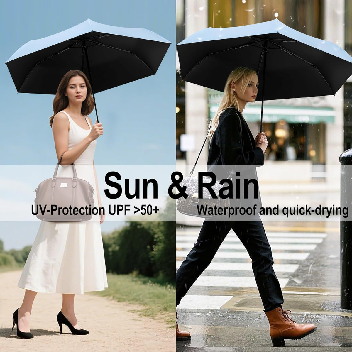 Auto Open Close Umbrella - Ultra Light Compact Travel & Backpack Size for Women and Men, UPF 50+ Eco-Friendly Sun Protection & Windproof Rain Umbrella with UV Defense