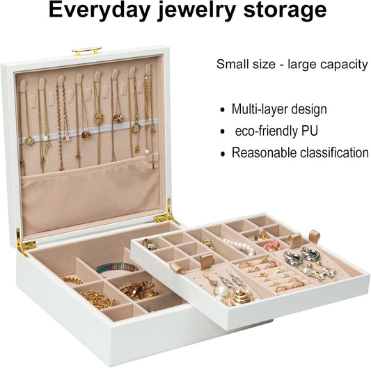 Jewelry Box Organizer for Women,White 2 Layer jewelry Stoarge Case,Built in Necklace Hook and Detachable Jewelry Tray,Indoor Jewelry Display Box