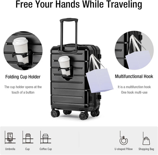 KYME Hardside Carry On Luggage 22x14x9 Airline Approved with TSA Lock Hardshell Carry On Suitcase with Spinner Wheels Travel Rolling 22 Inch Luggage with Cup Holder for Men Women Black