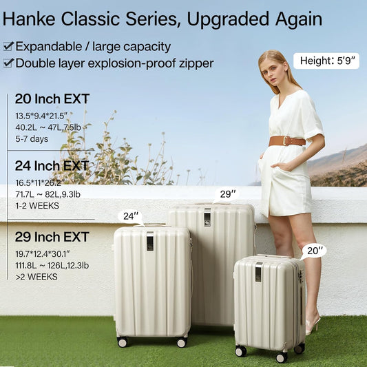 Hanke Expandable Hardshell Luggage Sets 3 piece Carry on Luggage with Wheels Suitcases Lightweight Checked Travel Luggage Rolling Large Suitcase Travel Luggage Bag Woman Men 20/24/29 Inch(Ivory White)