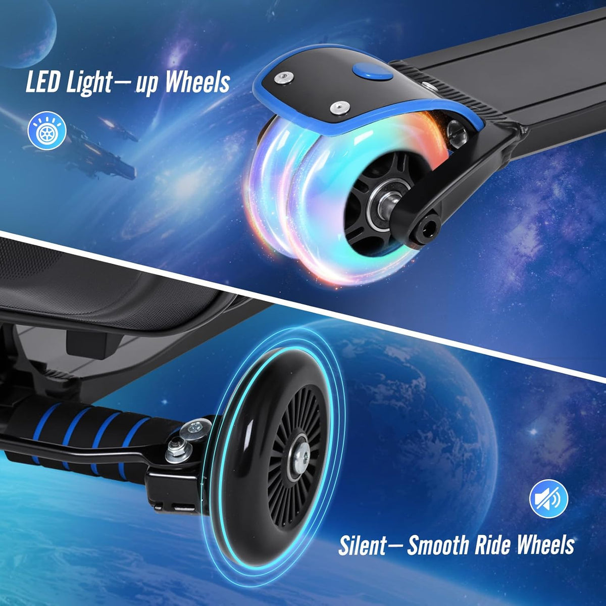 smilesun Scooter Suitcase for Kids & Adults, Foldable Carry On Travel Luggage, Hardside Ride on Scooter Suitcase with LED Light up Wheels,Black