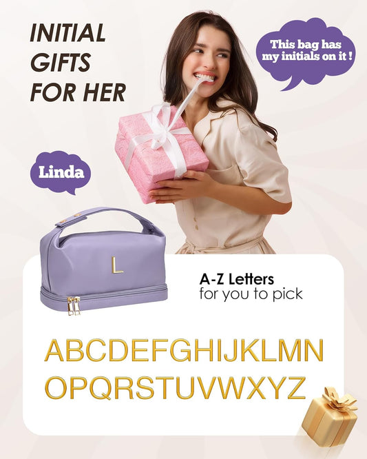 Girlfriend Gifts, Personalized Makeup Bag with Handle, Initial Double Layer Cosmetic Bag with Makeup Brush Organizer, PU Leather Travel Toiletry Bag Gifts for Women Her Friend Sister Mom Gift