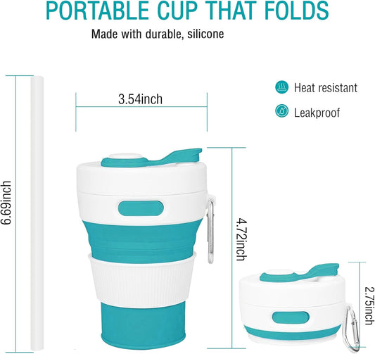 Silicone Collapsible Travel Mug Green 15oz / 450ml - Leak-Proof Reusable Silicone Water Bottle for Hot and Cold Beverages - Travel Office and Home - Dishwasher Safe - Straw Included