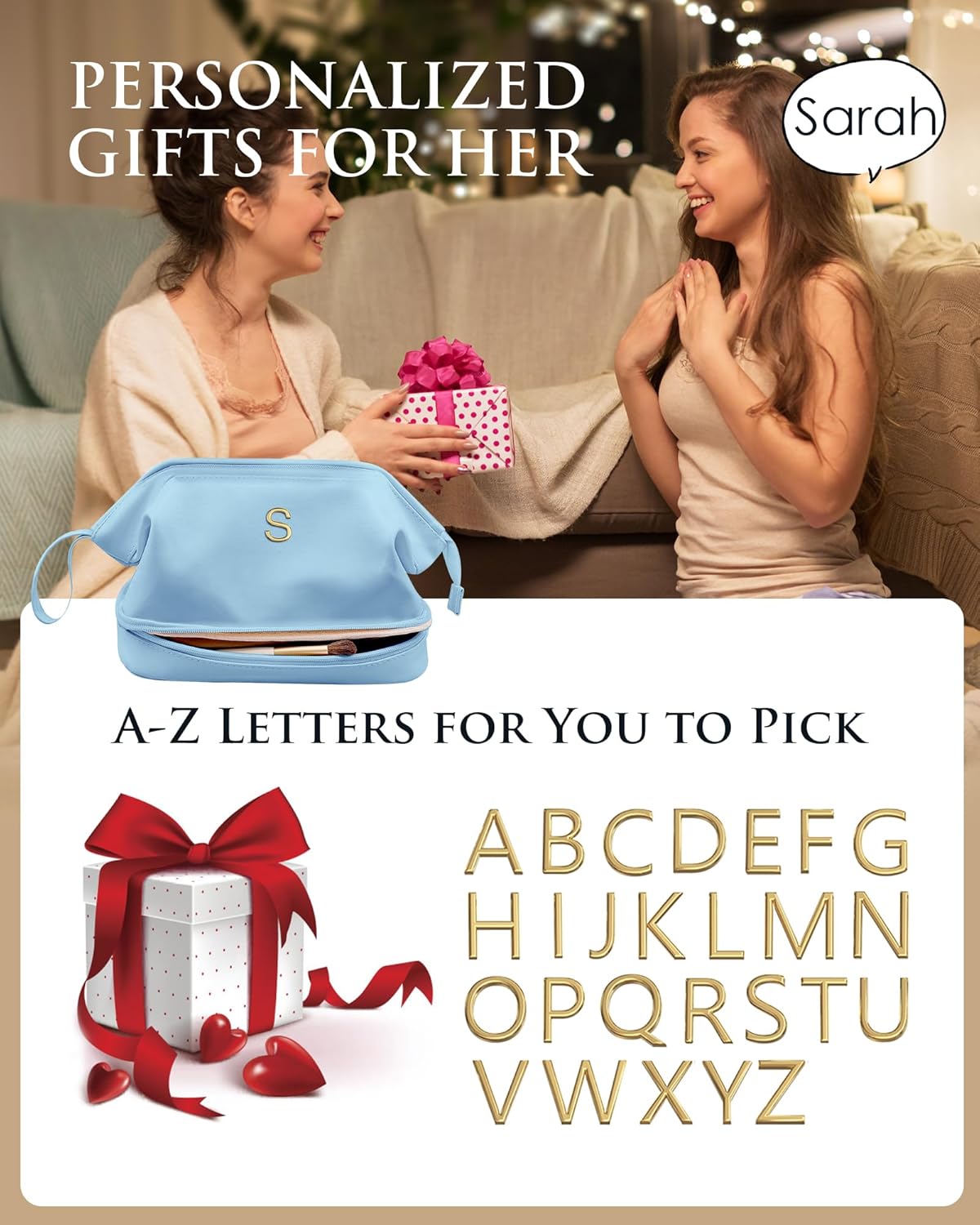 Birthday Gifts for Women, Initial Large Makeup Bag, Personalized Double Layer Cosmetic Bag with Makeup Brush Organizer, Waterproof, PU Leather Travel Toiletry Bag,Bride Gift Monogrammed Gifts