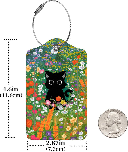 2 Pcs Luggage Tags for Suitcase, Cute Unique PU Leather Travel Bag Tag with Privacy Cover ID Label Address Card and Durable Metal Ring Suitable for Men Women Children Backpack,Black Cat On A Flower