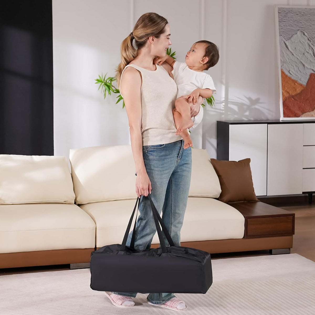 Pamo Babe Portable Crib Baby Playpen with Mattress and Carry Bag Grey