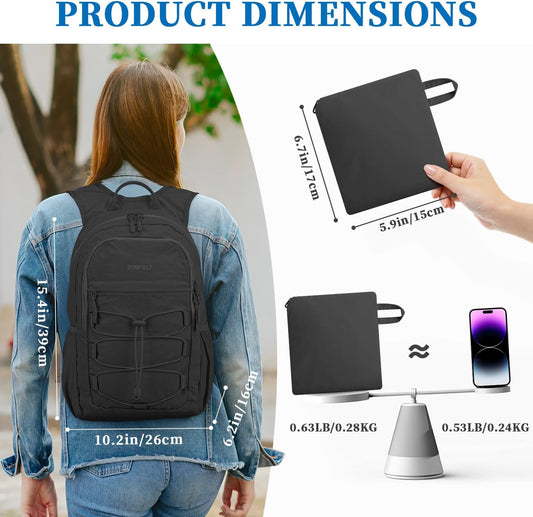 ZOMFELT Hiking Backpack for Women Men, 15L Lightweight Packable Backpack for Trip, Water Resistant Small Travel Backpacks, Foldable daypack for Hiking, Walking, Cycling, Camping, Black