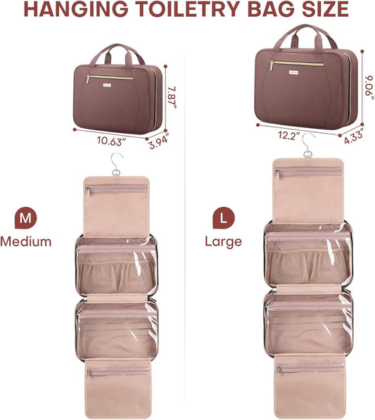 Hanging Toiletry Bag for Women Travel, 2 Sizes Large & Small Waterproof Cosmetic Organizer with 4 Compartments, Rotating Hook, Foldable Pink Travel Bag for Toiletries & Makeup Red Sandalwood