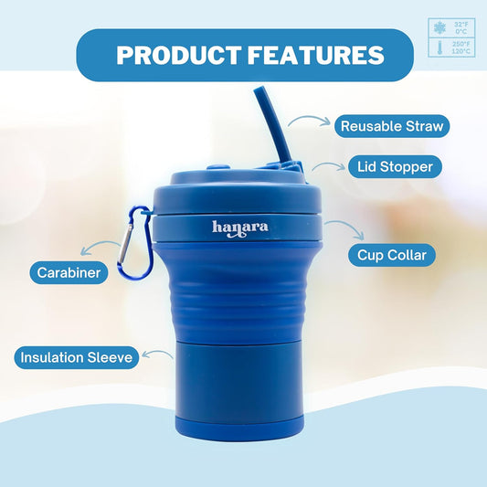 HANARA Collapsible Cup with Reusable Straw – 18 Oz (550 Ml), Portable Travel Mug, BPA-Free, Leak-Proof, Microwave & Dishwasher Safe, Multi-Purpose for Hot & Cold Drinks – Navy Blue