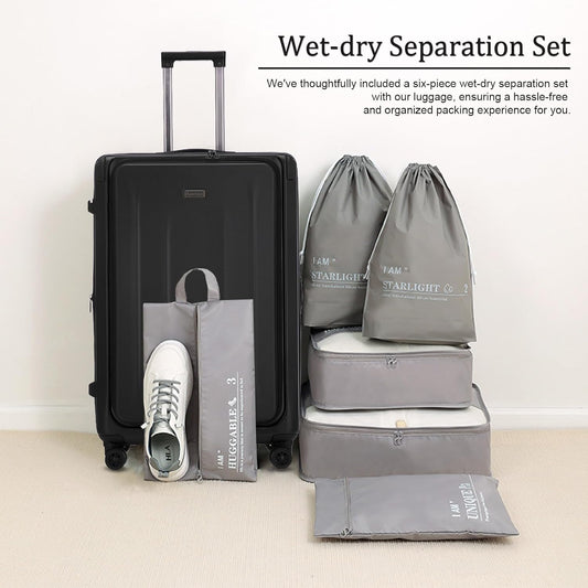 Premium Carry On Luggage, 29 Inch Top Opening Aluminum Frame Airline Approved ABS+PC Hard Shell Suitcases with Silent Wheels, TSA Lock, Front Pocket & Wet-dry Separated Six-piece set