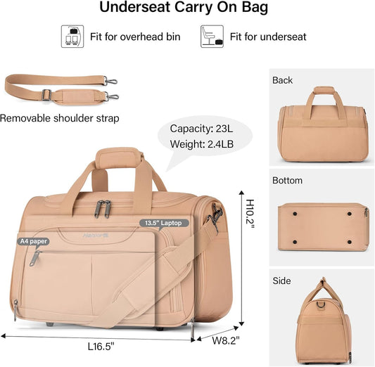 Hanke Foldable Underseat Carry On luggage Bag, Travel Tote Bag for Women & Men, Personal Item Travel Bag Softside Lightweight Luggage Bags for Travel Flight Crew Overnight Weekender.(Pink)