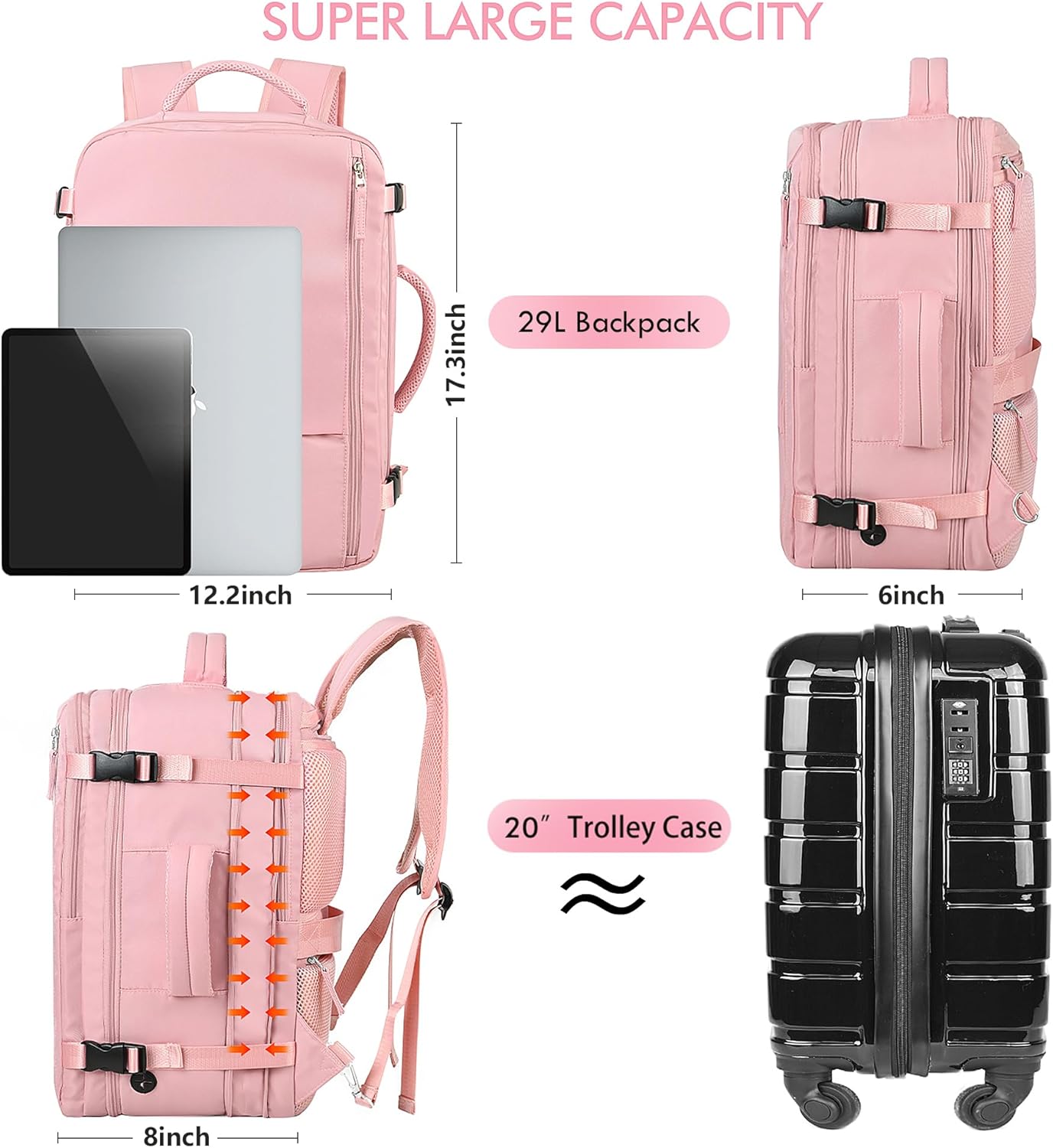 Beraliy Large Travel Backpack for Women, Personal Item Bag Airline Approved, Carry On Luggage, 17 inch Laptop Backpack, Waterproof Backpack, Hiking Backpack, Pink