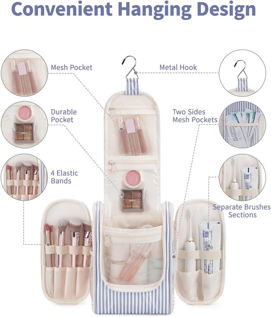 Narwey Small Striped Hanging Travel Toiletry Bag for Women, Travel Bag for Toiletries, Makeup Bag Organizer Cosmetic Bags Make Up Bags for Women (Greyish Blue Stripe)