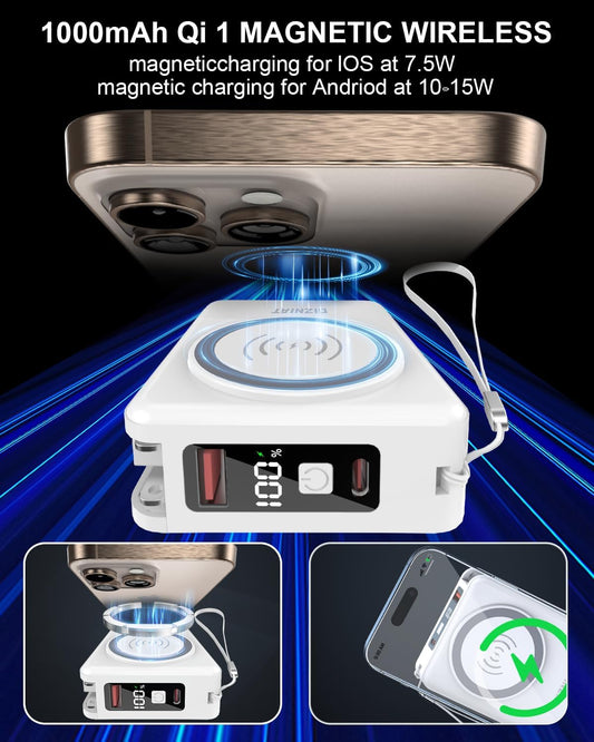 for Magsafe Portable Charger Power Bank 10000mAh, 22.5W Battery Pack Fast Charging Wall Plug Power Bank for iPhone Andriod Sumsung Travel Charger with Built in USB C & Lightning Cables