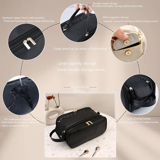 Travel Toiletry bag for men PU Triple-layer Double Zipper Toiletry Bags,Waterproof with Handle Mens Toiletry Bag Stowable Brushes, Toiletries Makeup for Business Trips Camping Bathroom Black