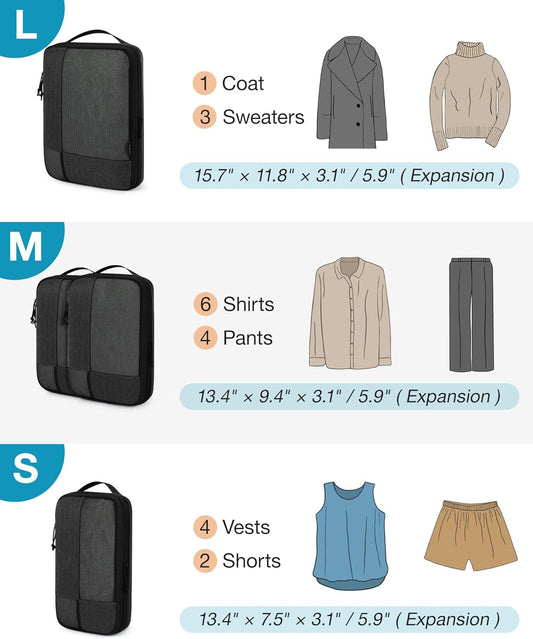 BAGSMART Compression Packing Cubes for Travel, 6 Set Packing Cubes for Carry on Suitcases, Compression Travel Cubes & Suitcase Organizer for Packing with Shoe Bag Grey