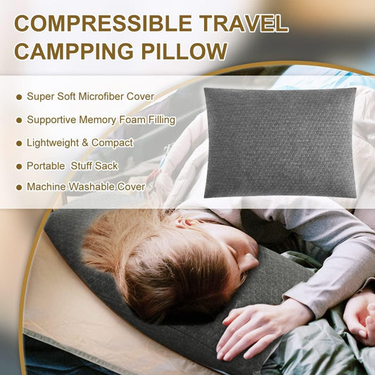 Ivellow Memory Foam Travel Pillow Compressible Camping Pillow for Sleeping Shredded Memory Foam Pillow Compact Firm Supportive Travel Pillow for Adults Kids Outdoor Backpacking Hiking Essential Gear-L