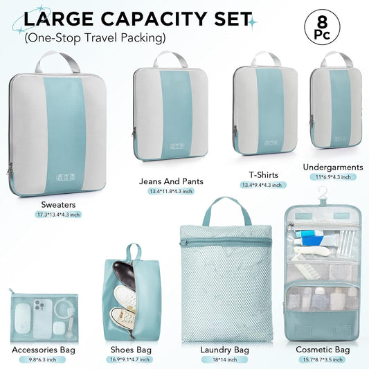 8 Set Compression Packing Cubes for Travel Essentials,Compressible Expandable Packing Cubes for Suitcase,OlarHike Luggage Organizer Bags for Travel,Handy Helper for Organizing Clothes(Blue Gray)