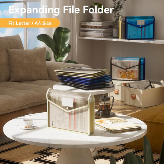 ABC life 6 Pack Plastic Expanding File Folder, Transparent envelopes with Snap Closure, No Dividers, Large Capacity, Assorted Colors, Fit Letter/A4 Size (Black+Blue+Tea Grey)