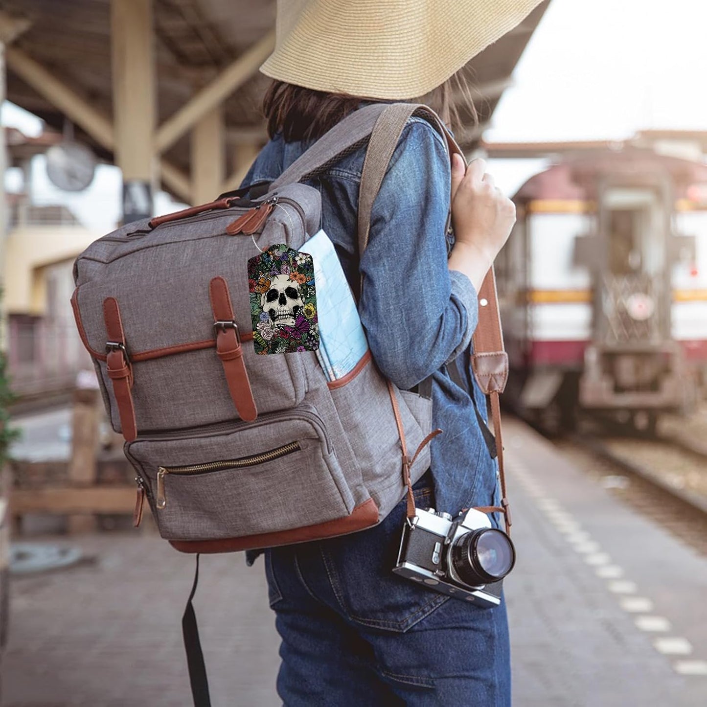 Skull and Colorful Flower Luggage Tags for Suitcases,2 Pack Luggage Tag, Leather Stainless Steel Loop Label Tag for Women Girl Travel Bag Suitcase