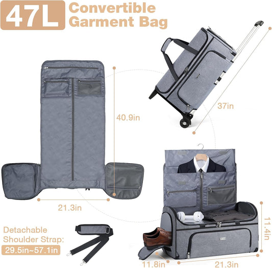 Garment Bags with Wheels, Garment Convertible Weekender Bags, Large Garment Bags for Travel, Duffle Luggage Bag Garment Bag(Grey)