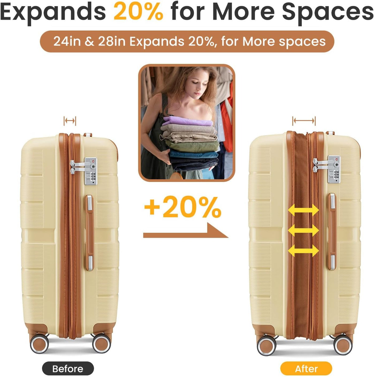 Campfun Luggage Sets 4 Piece, Expandable Carry On Luggage Set Hardshell PP, Suitcase Set with Double Spinner Wheels, Checked Durable Lightweight with TSA Lock, 14/20/24/28in, Khaki Brown(A)