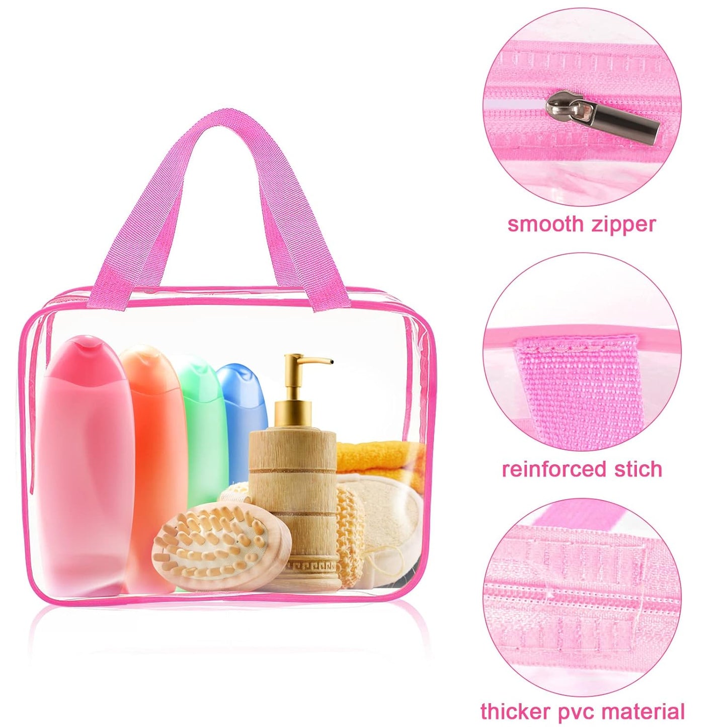 APREUTY Clear Makeup Bags, TSA Approved 6 Pcs Cosmetic Makeup Bags Set Clear PVC with Zipper Handle Portable Travel Luggage Pouch Airport Airline Vacation Organization (Rose Red)