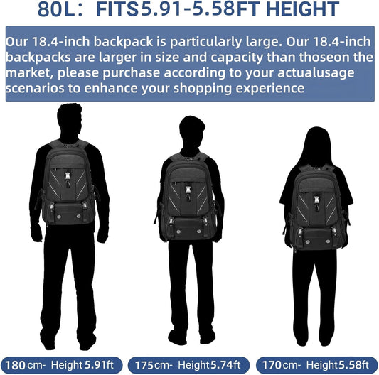 18.4 Inch Large Travel Backpack with Shoe Compartment,80L Water Resistant Anti Theft Backpacks with USB Charging Port,Carry on Flight Approved Laptop Bag Multiple Backpack (Fits above 5.91 ft height)