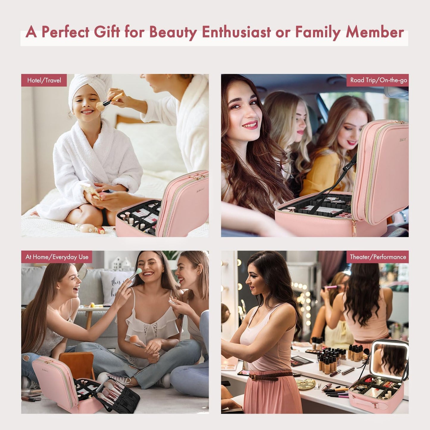 Travel Makeup Bag with LED Mirror Double Layer, Detachable Vanity Mirror with Lights, Tri-light Dimmable, Makeup Case with Adjustable Dividers and Brush Holder Cosmetic Organizer Storage Box