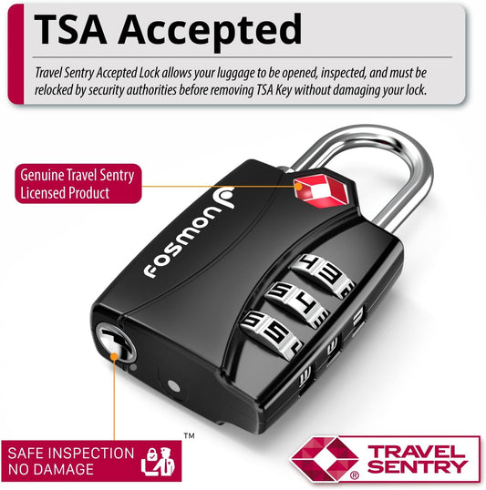Fosmon Luggage Locks TSA Approved 6 Pack, Suitcase Locks with Open Alert Indicator, 3 Digit Combination Padlock with Alloy Body for Travel, Backpack Zipper Anti Theft, Locker, Gym, Gun Case- Black