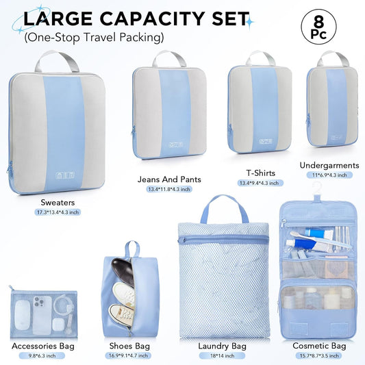 8 Set Compression Packing Cubes for Travel Essentials,Compressible Expandable Packing Cubes for Suitcase,OlarHike Luggage Organizer Bags for Travel,Handy Helper for Organizing Clothes(Light Blue)
