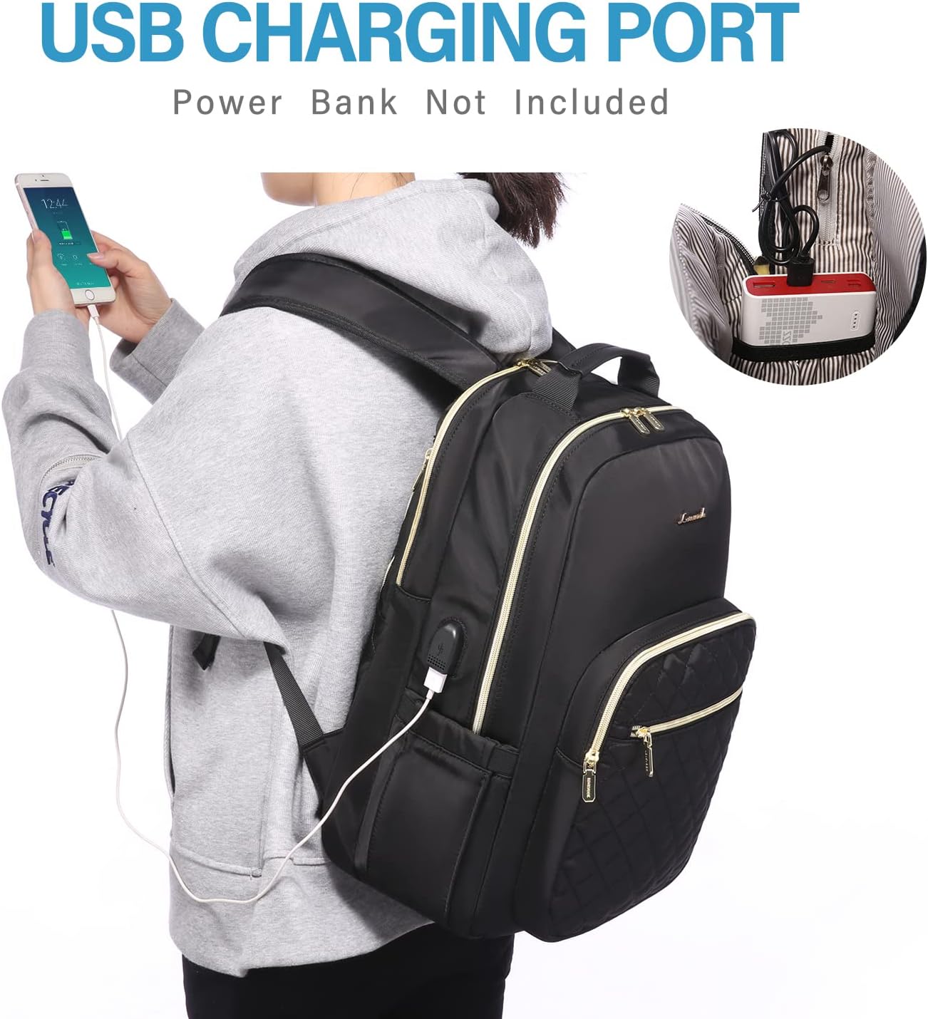 LOVEVOOK Laptop Backpack Purse for Women, Work Business Travel Computer Bags with 15.6 Inch Laptop Compartment, Teacher Nurse Backpack for Womens, Quilted Casual Daypack with USB Port, Black