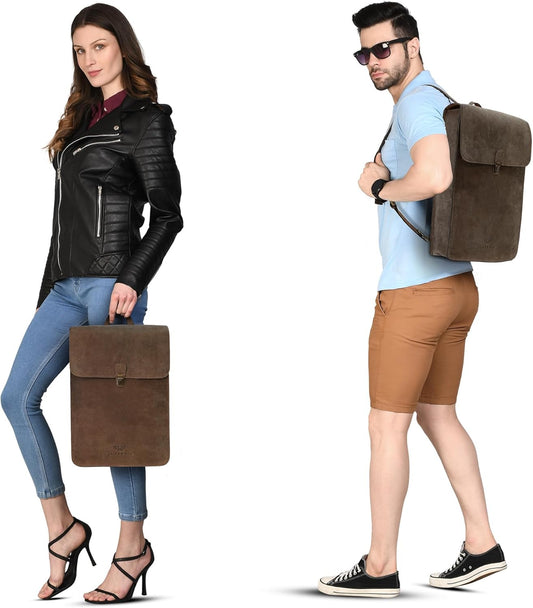 Genuine Leather Backpack for Men and Women, Minimalistic Leather Backpack, Handmade Retro Style 15.6" Laptop Bag, Hiking Shoulder Daypack - Hunter Brown