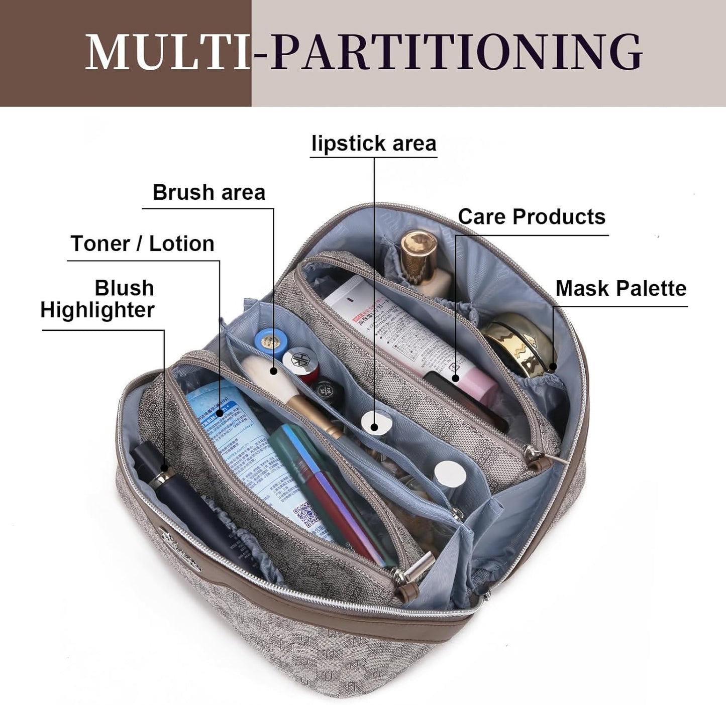 BOYATU Travel Makeup Bag Cosmetic Bags for Women: Large Make up Bags Set of 3 - Portable Makeup Organizer with Compartments&Handle&Divider - Waterproof PU Leather Toiletry Bag(02-Light Brown)