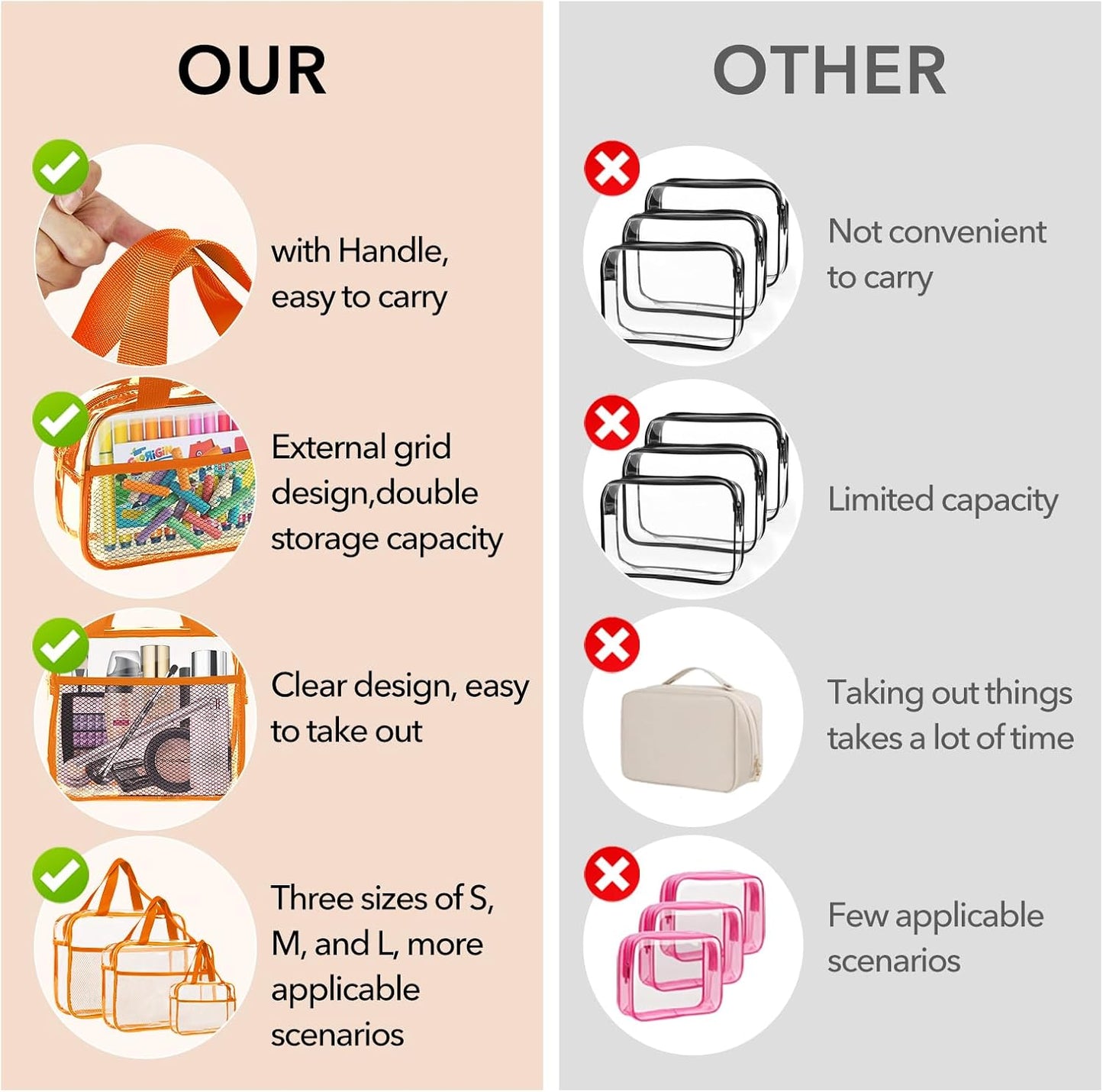 XEWEA Clear Travel Toiletry Bags, 3 Pack TSA Approved Transparent Makeup Bag for Men Women, Large Waterproof PVC Quart Organizer with Zipper for Toiletries Airline Essentials,Toy Storage Pouch Orange