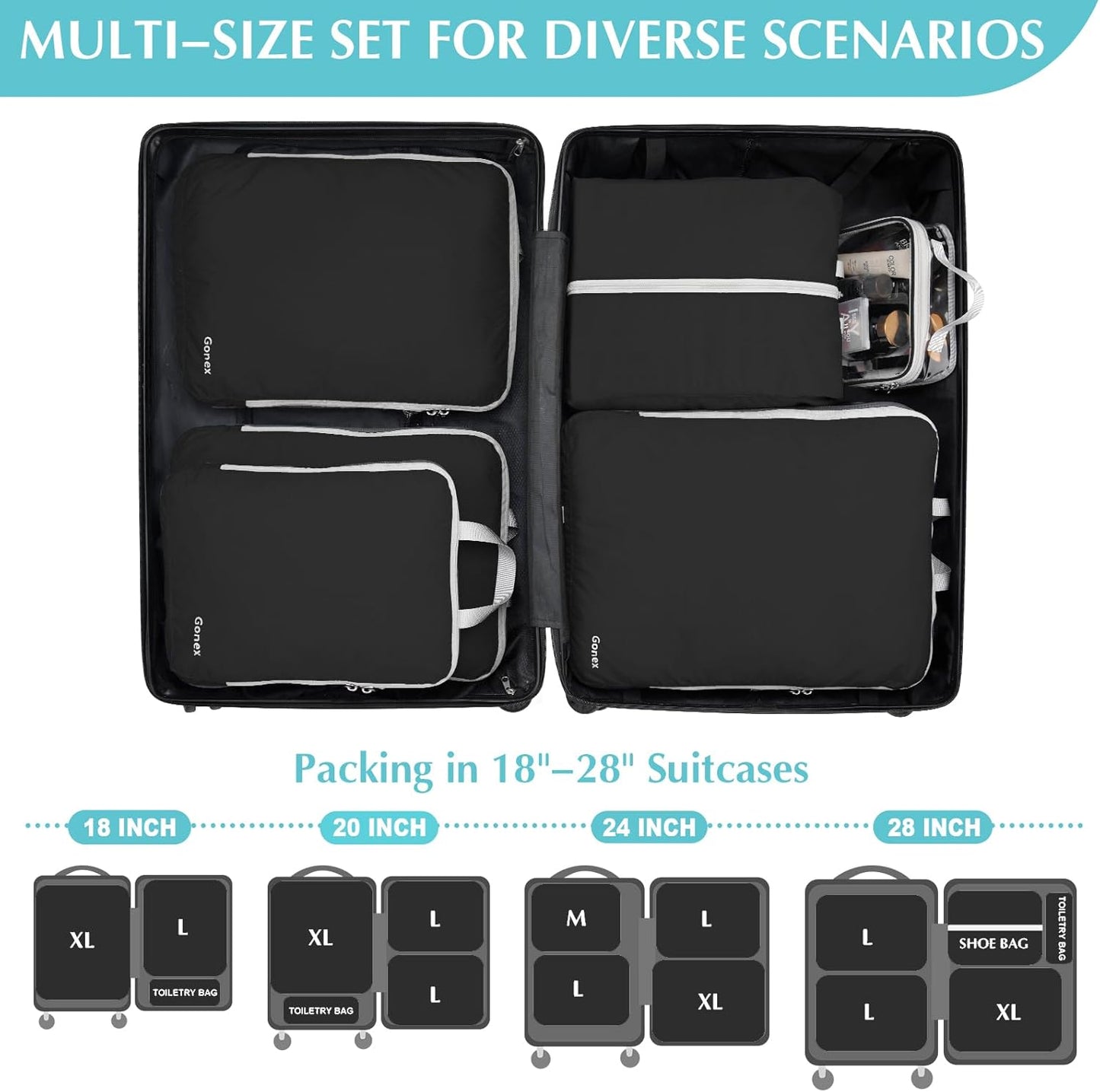 Gonex Compression Packing Cubes, 3pcs/4pcs Expandable Storage Travel Luggage Bags Organizers