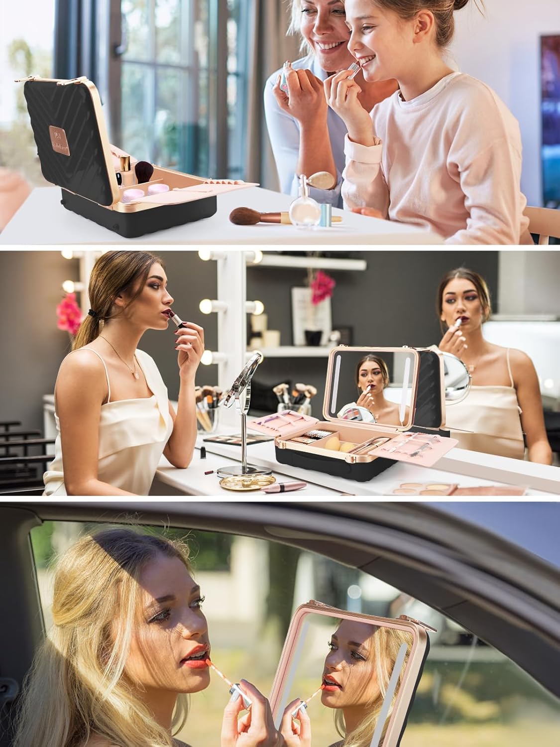 Kalolary Travel Makeup Train Cases with Lighted Mirror 3 Color Setting, Makeup Bag Cosmetic Case Organizer Adjustable Brightness Portable Makeup Storage Box For Makeup Brushes Accessories Tools,Black