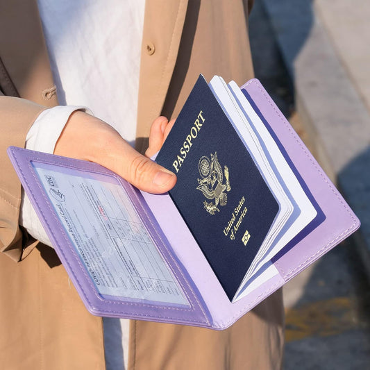 TIGARI Passport Holder for Travel Women Men, PU Leather Passport Wallet Cover Case Sleeve, Waterproof Protected Document Organizer, Family Vacation Plane Cruise Travel Essentials-Purple