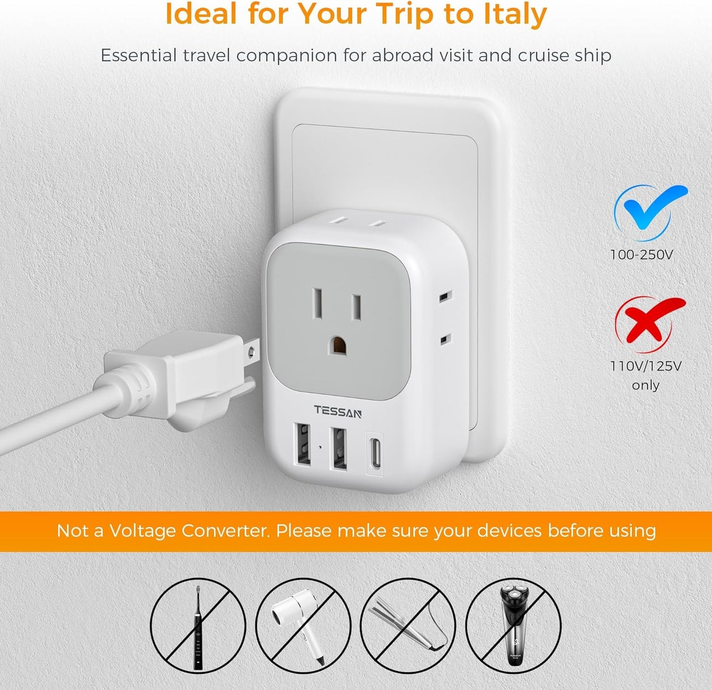 Italy Travel Plug Adapter 2 Pack, TESSAN Italy Power Adaptor with 4 Outlets 3 USB Charger (1 USB C Port), Type L Adapter for US to Chile Ethiopia Libya Syria Tunisia Uruguay