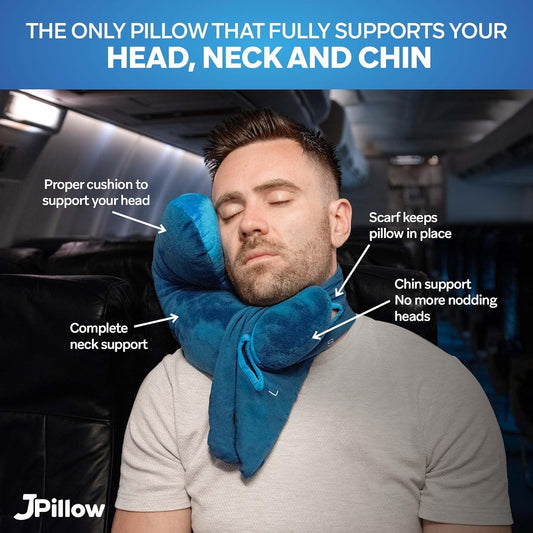 JPillow Travel Pillow for Airplanes – A Little Bulky, Expensive, and Takes a Couple of Minutes to Master, but Supports Your Head and Neck in Genuine Luxury – British Invention of The Year (Blue)